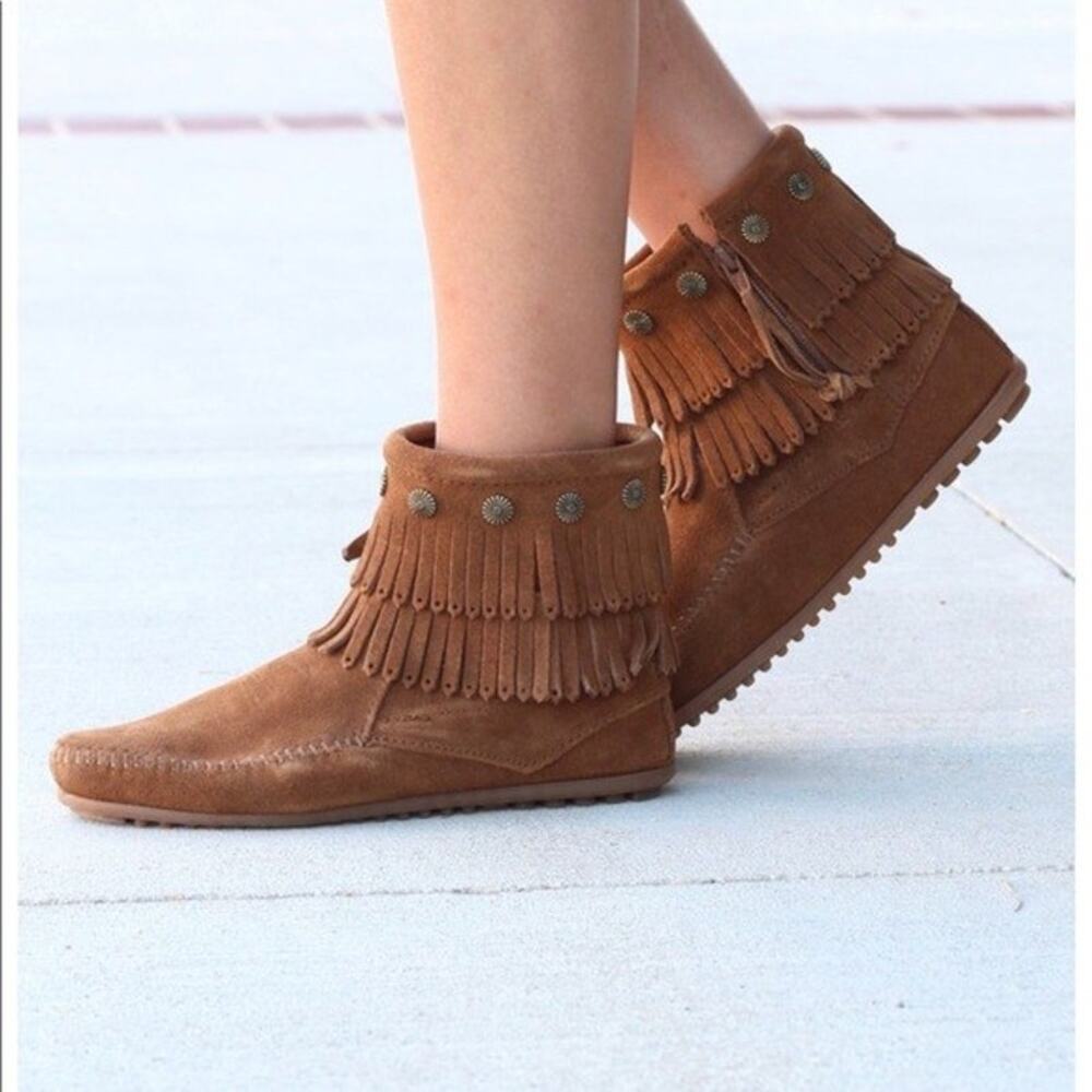 Minnetonka Brown Suede Double Fringe Booties Women's Size 7